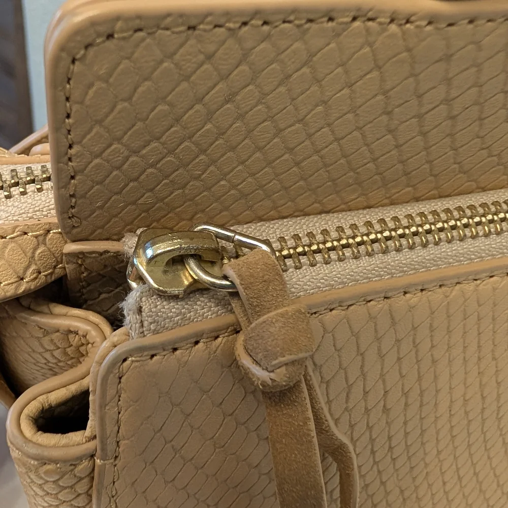 Elaine Turner Tan Snakeskin Embossed Leather Bamboo Handle Satchel Crossbody Bag
